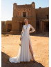 High Neck Beaded Ivory Lace Satin Slit Wedding Dress